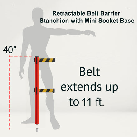 Retractable Dual Belt Barrier Stanchion, Mini Socket Base, Red Post, 11 ft Belt - Montour Line MSX630DSK