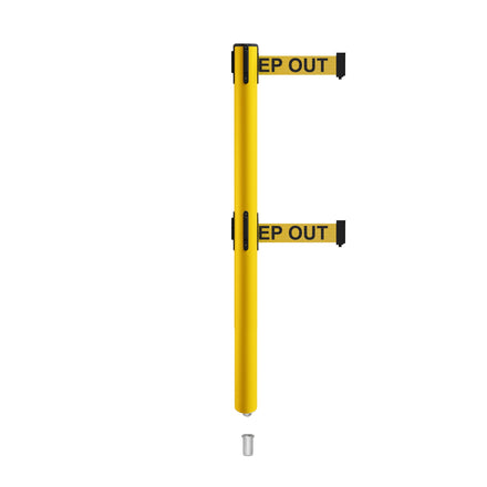 Retractable Dual Belt Barrier Stanchion, Mini Socket Base, Yellow Post, 13 ft Belt - Montour Line MSX630DSK