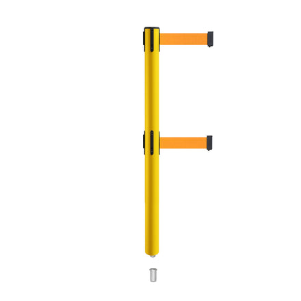Retractable Dual Belt Barrier Stanchion, Mini Socket Base, Yellow Post, 13 ft Belt - Montour Line MSX630DSK