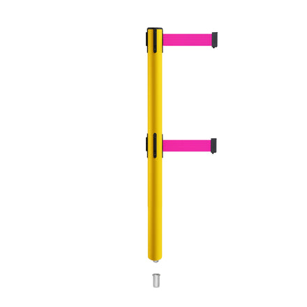 Retractable Dual Belt Barrier Stanchion, Mini Socket Base, Yellow Post, 13 ft Belt - Montour Line MSX630DSK