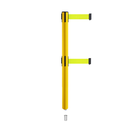 Retractable Dual Belt Barrier Stanchion, Mini Socket Base, Yellow Post, 11 ft Belt - Montour Line MSX630DSK