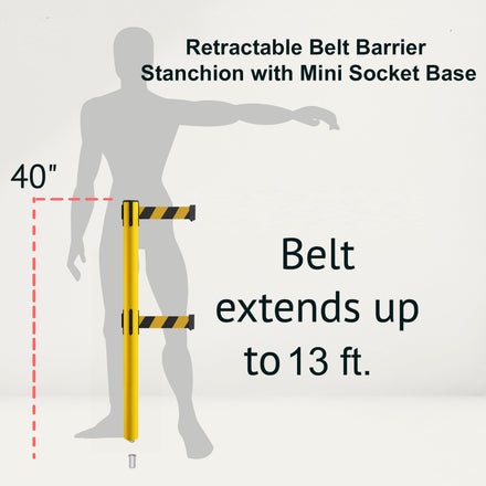 Retractable Dual Belt Barrier Stanchion, Mini Socket Base, Yellow Post, 13 ft Belt - Montour Line MSX630DSK