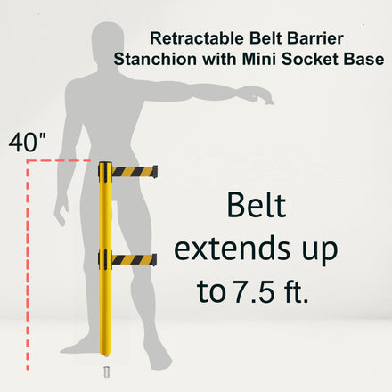 Retractable Dual Belt Barrier Stanchion, Mini Socket Base, Yellow Post, 7.5 ft Belt - Montour Line MSX630DSK