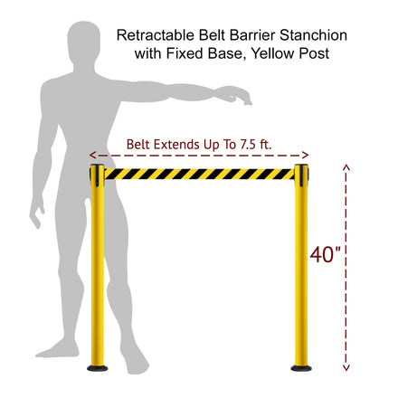 Retractable Belt Barrier Safety Stanchion, Fixed Base, Yellow Post, 7.5 Ft. Belt - Montour Line MSX630F