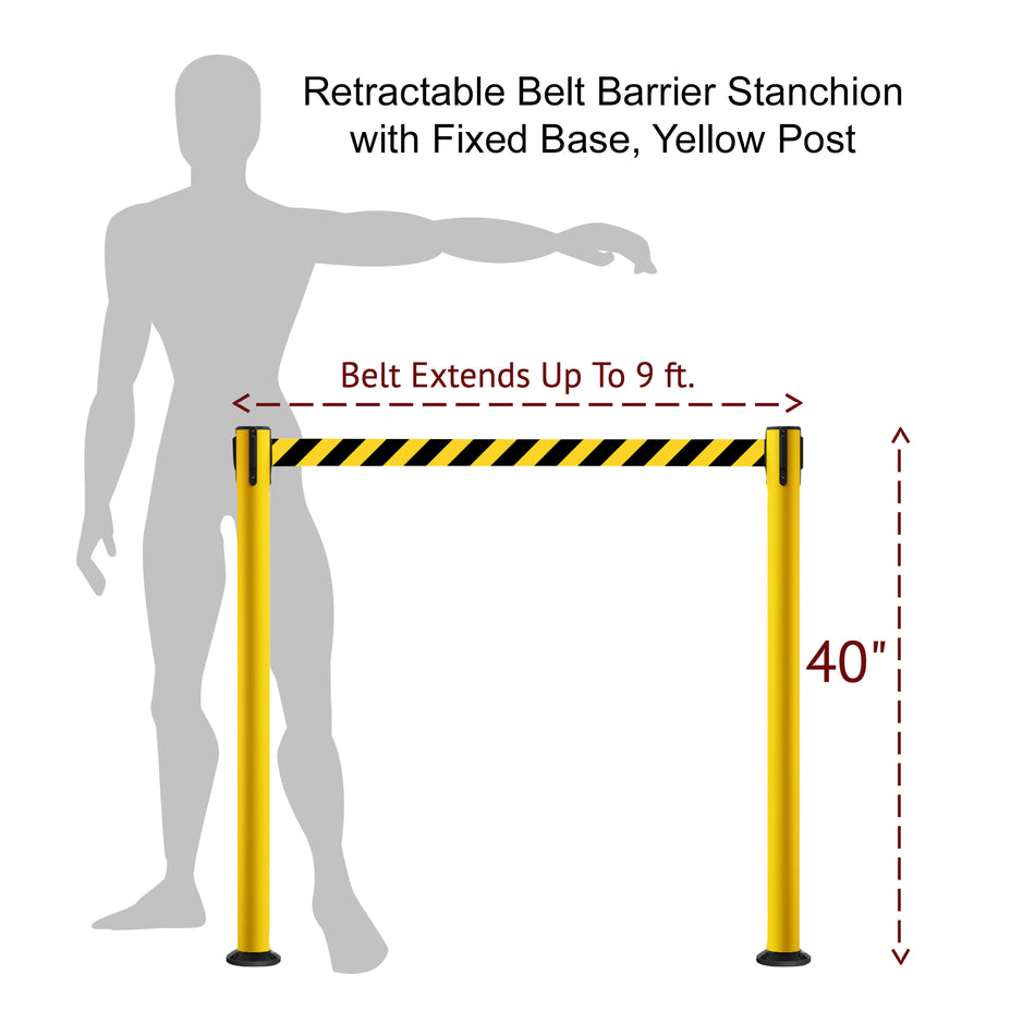 Retractable Belt Barrier Safety Stanchion, Fixed Base, Yellow Post, 9 Ft. Belt - Montour Line MSX630F