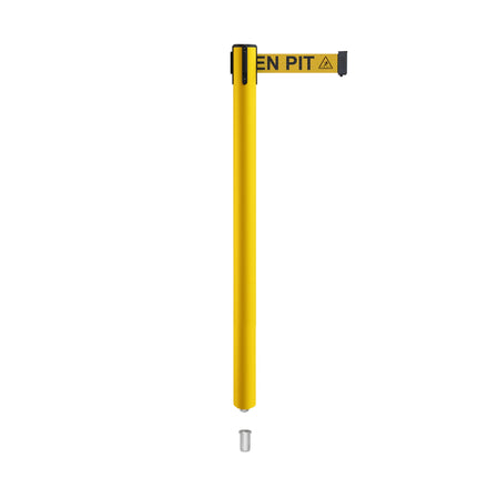 Retractable Belt Barrier Stanchion, Mini Socket Base, Yellow Post, 13 ft Belt - Montour Line MSX630SK