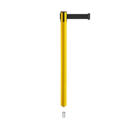 Retractable Belt Barrier Stanchion, Mini Socket Base, Yellow Post, 9 ft Belt - Montour Line MSX630SK