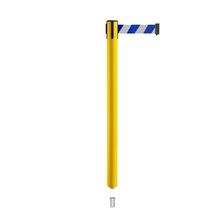 Retractable Belt Barrier Stanchion, Mini Socket Base, Yellow Post, 9 ft Belt - Montour Line MSX630SK