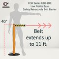 Safety Retractable Belt Barrier Stanchion, Low Profile Steel Base, Orange Post, 11 Ft. Belt - Montour Line MSX630