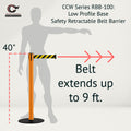 Safety Retractable Belt Barrier Stanchion, Low Profile Steel Base, Orange Post, 9 Ft. Belt - Montour Line MSX630