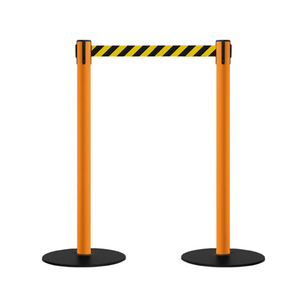 Safety Retractable Belt Barrier Stanchion, Low Profile Steel Base, Orange Post, 7.5 Ft. Belt - Montour Line MSX630