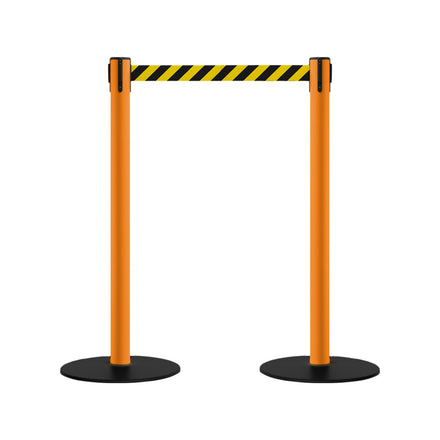 Safety Retractable Belt Barrier Stanchion, Low Profile Steel Base, Orange Post, 11 Ft. Belt - Montour Line MSX630