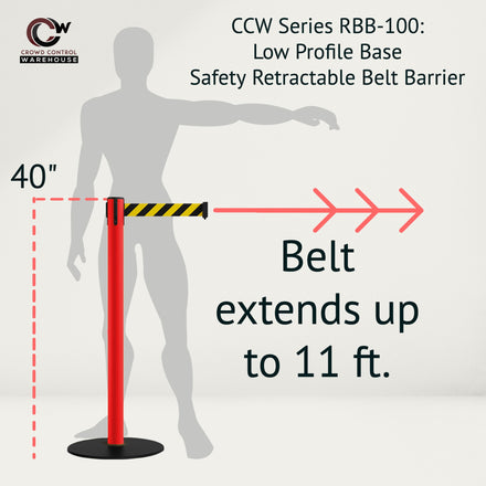 Safety Retractable Belt Barrier Stanchion, Low Profile Steel Base, Red Post, 11  Ft. Belt - Montour Line MSX630