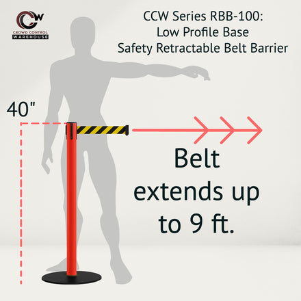 Safety Retractable Belt Barrier Stanchion, Low Profile Steel Base, Red Post, 9 Ft. Belt - Montour Line MSX630