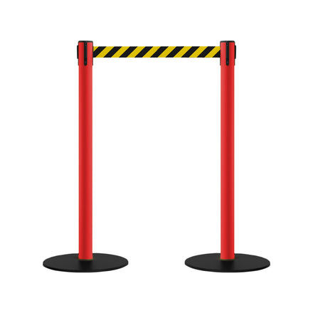 Safety Retractable Belt Barrier Stanchion, Low Profile Steel Base, Red Post, 9 Ft. Belt - Montour Line MSX630