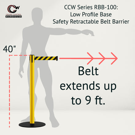 Safety Stanchion Retractable Belt Barriers, Low Profile Steel Base, Yellow Post, 9 Ft. Belt - Montour Line MSX630