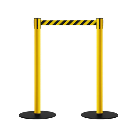 Safety Stanchion Retractable Belt Barriers, Low Profile Steel Base, Yellow Post, 11 Ft. Belt - Montour Line MSX630