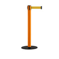 Safety Retractable Belt Barrier Stanchion, Low Profile Steel Base, Orange Post,  14 or 16 Ft. Belt - Montour Line MSX650