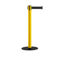 Safety Retractable Belt Barrier Stanchion, Low Profile Steel Base, Yellow Post, 14 or 16 Ft. Belt - Montour Line MSX650