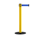 Safety Retractable Belt Barrier Stanchion, Low Profile Steel Base, Yellow Post, 14 or 16 Ft. Belt - Montour Line MSX650
