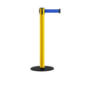 Safety Retractable Belt Barrier Stanchion, Low Profile Steel Base, Yellow Post, 14 or 16 Ft. Belt - Montour Line MSX650