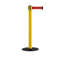 Safety Retractable Belt Barrier Stanchion, Low Profile Steel Base, Yellow Post, 14 or 16 Ft. Belt - Montour Line MSX650
