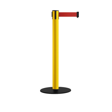 Safety Retractable Belt Barrier Stanchion, Low Profile Steel Base, Yellow Post, 14 or 16 Ft. Belt - Montour Line MSX650