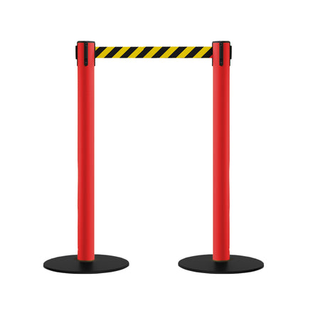 Safety Retractable Belt Barrier Stanchion, Low Profile Steel Base, Red Post,  14 or 16 Ft. Belt - Montour Line MSX650