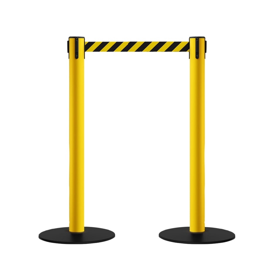 Safety Retractable Belt Barrier Stanchion, Low Profile Steel Base, Yellow Post, 14 or 16 Ft. Belt - Montour Line MSX650