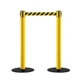 Safety Retractable Belt Barrier Stanchion, Low Profile Steel Base, Yellow Post, 14 or 16 Ft. Belt - Montour Line MSX650