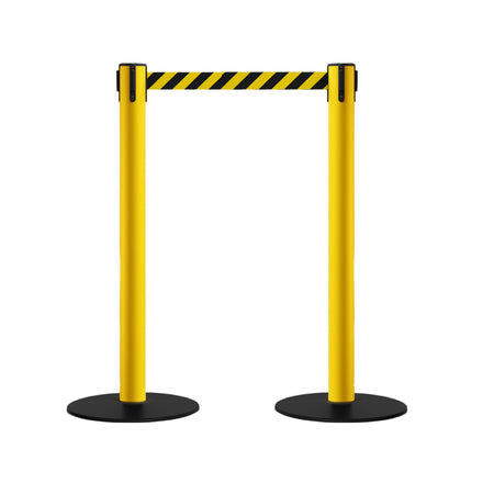 Safety Retractable Belt Barrier Stanchion, Low Profile Steel Base, Yellow Post, 14 or 16 Ft. Belt - Montour Line MSX650