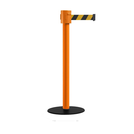 Retractable Belt Barrier Stanchion, Low profile Base, Orange Post, 35 ft Belt - Montour Line MSX760