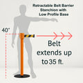 Safety Portable Retractable Belt Barrier Stanchion with Low Profile Base, Orange Post, 35 Ft Belt - Montour Line MSX760