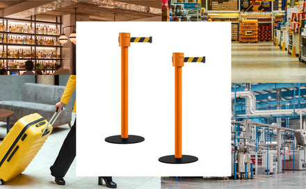 Safety Portable Retractable Belt Barrier Stanchion with Low Profile Base, Orange Post, 35 Ft Belt - Montour Line MSX760