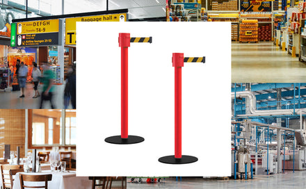 Safety Portable Retractable Belt Barrier Stanchion with Low Profile Base, Red Post, 35 Ft Belt - Montour Line MSX760