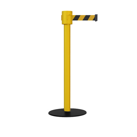 Retractable Belt Barrier Stanchion, Low profile Base, Yellow Post, 35 ft Belt - Montour Line MSX760