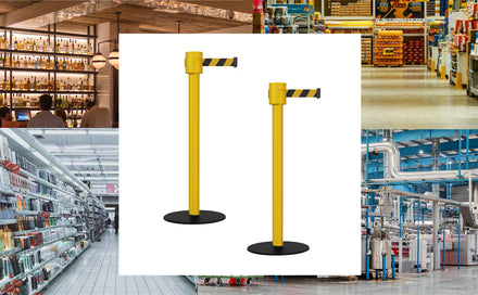 Safety Portable Retractable Belt Barrier Stanchion with Low Profile Base, Yellow Post, 35 Ft Belt - Montour Line MSX760