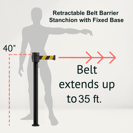 Retractable Belt Barrier Stanchion, Fixed Base, Black Powder Coated Post, 35 ft Belt - Montour Line MX760F