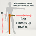 Retractable Belt Barrier Stanchion, Fixed Base, Orange Post, 35 ft Belt - Montour Line MSX760F