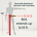 Retractable Belt Barrier Stanchion, Fixed Base, Red Post, 35 ft Belt - Montour Line MSX760F