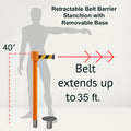 Retractable Belt Barrier Stanchion, Removable Base, Orange Post, 35 ft Belt - Montour Line MSX760R