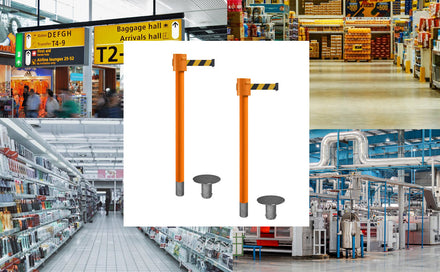 Retractable Belt Barrier Stanchion, Removable Base, Orange Post, 35 ft Belt - Montour Line MSX760R