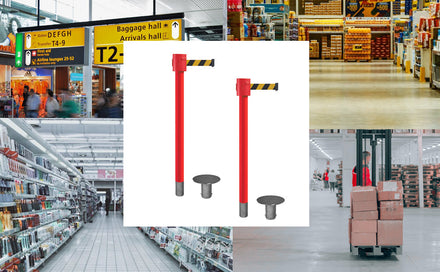 Retractable Belt Barrier Stanchion, Removable Base, Red Post, 35 ft Belt - Montour Line MSX760R