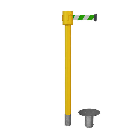 Retractable Belt Barrier Stanchion, Removable Base, Yellow Post, 35 ft Belt - Montour Line MSX760R