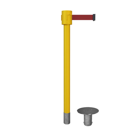 Retractable Belt Barrier Stanchion, Removable Base, Yellow Post, 35 ft Belt - Montour Line MSX760R