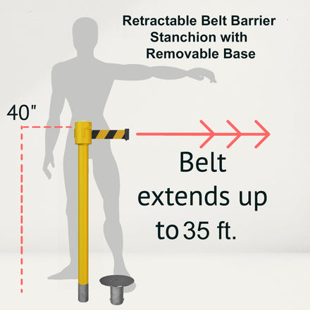 Retractable Belt Barrier Stanchion, Removable Base, Yellow Post, 35 ft Belt - Montour Line MSX760R