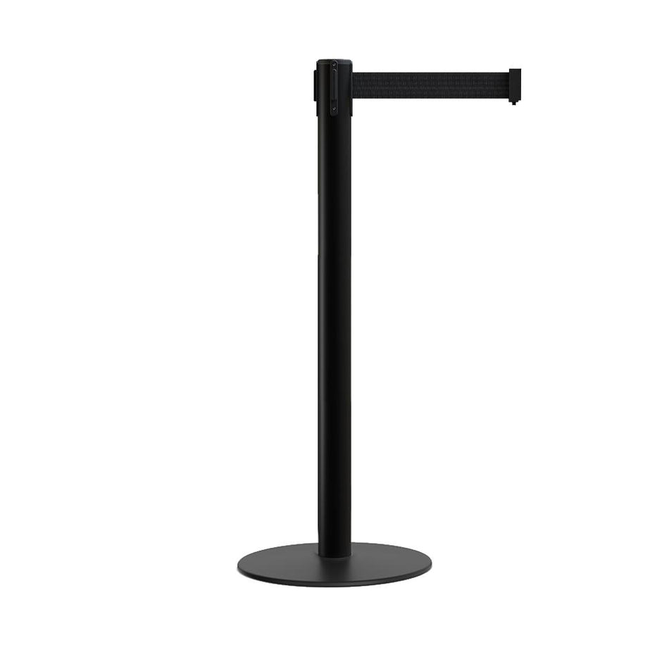 Retractable Belt Barrier Stanchion, Low Profile Steel Base, Black Post, 9 Ft. Belt - Montour Line MX630