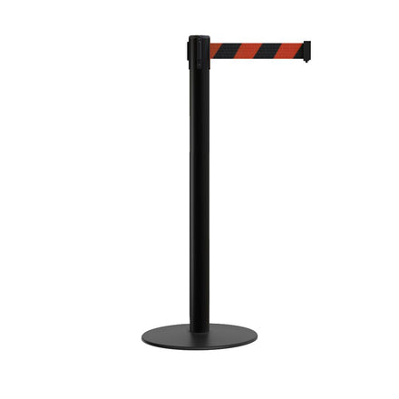 Retractable Belt Barrier Stanchion, Low Profile Steel Base, Black Post,  11 Ft. Belt - Montour Line MX630