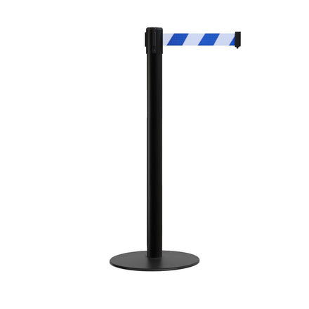 Retractable Belt Barrier Stanchion, Low Profile Steel Base, Black Post,  11 Ft. Belt - Montour Line MX630