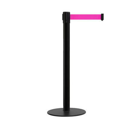 Retractable Belt Barrier Stanchion, Low Profile Steel Base, Black Post,  11 Ft. Belt - Montour Line MX630